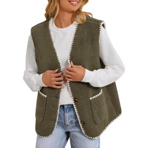 imageYeokou Womens Fleece Sherpa Vest Contrast Trim V Neck Button Down Fall Winter Warm Fuzzy Outwear Vests with PocketsArmygreen