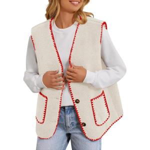 imageYeokou Womens Fleece Sherpa Vest Contrast Trim V Neck Button Down Fall Winter Warm Fuzzy Outwear Vests with PocketsBeige