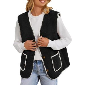 imageYeokou Womens Fleece Sherpa Vest Contrast Trim V Neck Button Down Fall Winter Warm Fuzzy Outwear Vests with PocketsBlack