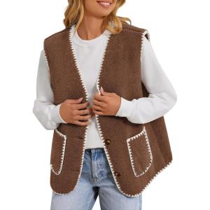imageYeokou Womens Fleece Sherpa Vest Contrast Trim V Neck Button Down Fall Winter Warm Fuzzy Outwear Vests with PocketsBrown