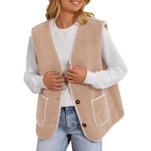imageYeokou Womens Fleece Sherpa Vest Contrast Trim V Neck Button Down Fall Winter Warm Fuzzy Outwear Vests with PocketsKhaki