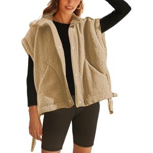imageYeokou Womens Fleece Vest Casual Sleeveless Button Down Winter Warm Sherpa Jacket with PocketsKhaki