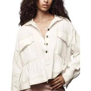 imageYeokou Womens Long Sleeve Denim Crop Babydoll Top Shirt Front Buttons Pockets Fall Casual Outfits 2025White