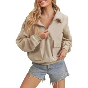 imageYeokou Womens Polar Fleece Sweatshirt Pullover HalfZip Cropped Pockets Casual Workout Jacket Coat Winter WarmLightkhaki