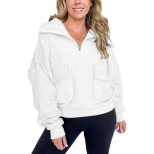 imageYeokou Womens Polar Fleece Sweatshirt Pullover HalfZip Cropped Pockets Casual Workout Jacket Coat Winter WarmWhite