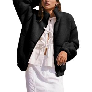 imageYeokou Womens Sherpa Fleece Jackets Stand Collar Zip Up Fall Winter Casual 2025 Fuzzy Coats with PocketsBlack