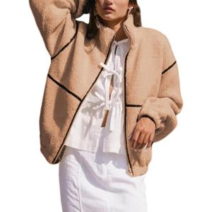 imageYeokou Womens Sherpa Fleece Jackets Stand Collar Zip Up Fall Winter Casual 2025 Fuzzy Coats with PocketsBrown