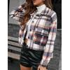 imageYeokou Womens Fashion Cropped Flannel Wool Blend Plaid Shacket Long Sleeve Button Down Jackets CoatBlue