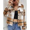 imageYeokou Womens Fashion Cropped Flannel Wool Blend Plaid Shacket Long Sleeve Button Down Jackets CoatBrown