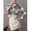 imageYeokou Womens Fashion Cropped Flannel Wool Blend Plaid Shacket Long Sleeve Button Down Jackets CoatGrey