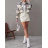 imageYeokou Womens Fashion Cropped Flannel Wool Blend Plaid Shacket Long Sleeve Button Down Jackets CoatGrey
