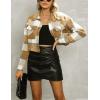 imageYeokou Womens Fashion Cropped Flannel Wool Blend Plaid Shacket Long Sleeve Button Down Jackets CoatKhaki