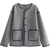 imageYeokou Women Wool Blend Jacket Contrast Color Crew Neck Button Down Cardigan Coat Casual Outwear with PocketsGrey