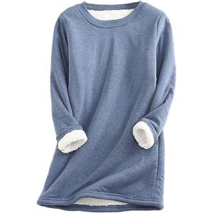 imageYeokou Women Warm Sherpa Lined Fleece Crewneck Sport Sweatshirt Pullover LoungewearBlue