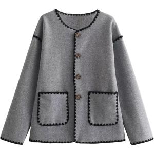 imageYeokou Women Wool Blend Jacket Contrast Color Crew Neck Button Down Cardigan Coat Casual Outwear with PocketsGrey