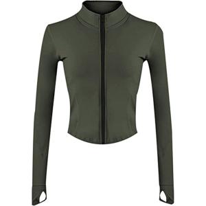 imageYeokou Womens Active Zip Up Running Workout Cropped Bbl Athletic Jacket with Thumb HolesArmygreen