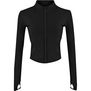 imageYeokou Womens Active Zip Up Running Workout Cropped Bbl Athletic Jacket with Thumb HolesBlack