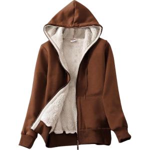 imageYeokou Womens Casual Full Zip Up Sherpa Lined Hoodie Sweatshirt Jacket CoatBrown