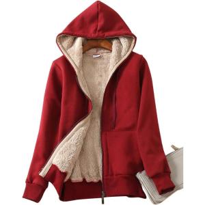 imageYeokou Womens Casual Full Zip Up Sherpa Lined Hoodie Sweatshirt Jacket CoatWinered
