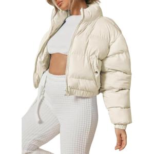 imageYeokou Womens Cropped Puffer Jacket Black Stand Collar Zip Up Short Bubble Coat with PocketsBeige
