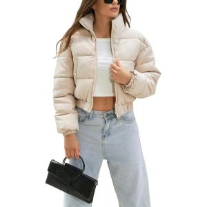 imageYeokou Womens Cropped Puffer Jacket Black Stand Collar Zip Up Short Bubble Coat with PocketsLightkhaki