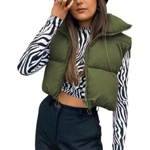 imageYeokou Womens Cropped Puffer Vest Zip Up Stand Collar Sleeveless Outerwear with PocketsArmygreen