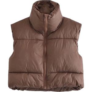 imageYeokou Womens Cropped Puffer Vest Zip Up Stand Collar Sleeveless Outerwear with PocketsBrown