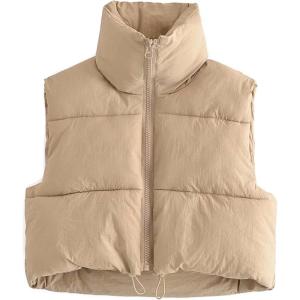 imageYeokou Womens Cropped Puffer Vest Zip Up Stand Collar Sleeveless Outerwear with PocketsKhaki