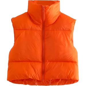 imageYeokou Womens Cropped Puffer Vest Zip Up Stand Collar Sleeveless Outerwear with PocketsOrange