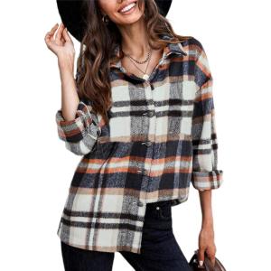 imageYeokou Womens Fall Color Block Plaid Flannel Shacket Jacket Button Down Shirt Coat TopsBlue