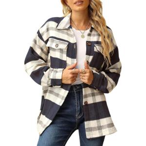 imageYeokou Womens Fall Color Block Plaid Flannel Shacket Jacket Button Down Shirt Coat TopsDarkblue