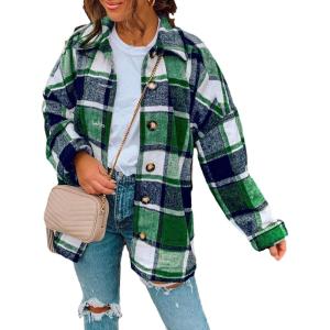 imageYeokou Womens Fall Color Block Plaid Flannel Shacket Jacket Button Down Shirt Coat TopsGreen