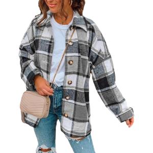 imageYeokou Womens Fall Color Block Plaid Flannel Shacket Jacket Button Down Shirt Coat TopsGrey