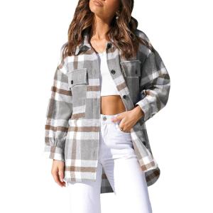 imageYeokou Womens Fall Color Block Plaid Flannel Shacket Jacket Button Down Shirt Coat TopsGreykhaki
