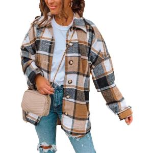imageYeokou Womens Fall Color Block Plaid Flannel Shacket Jacket Button Down Shirt Coat TopsKhaki