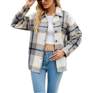 imageYeokou Womens Fall Color Block Plaid Flannel Shacket Jacket Button Down Shirt Coat TopsLightgrey