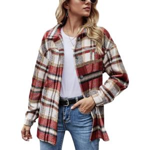 imageYeokou Womens Fall Color Block Plaid Flannel Shacket Jacket Button Down Shirt Coat TopsRed