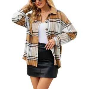 imageYeokou Womens Fall Color Block Plaid Flannel Shacket Jacket Button Down Shirt Coat TopsTan