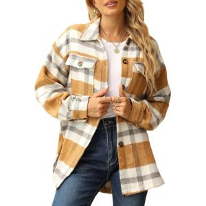 imageYeokou Womens Fall Color Block Plaid Flannel Shacket Jacket Button Down Shirt Coat TopsYellow