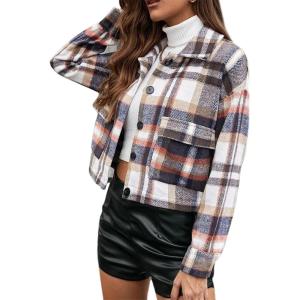 imageYeokou Womens Fashion Cropped Flannel Wool Blend Plaid Shacket Long Sleeve Button Down Jackets CoatBlue