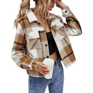 imageYeokou Womens Fashion Cropped Flannel Wool Blend Plaid Shacket Long Sleeve Button Down Jackets CoatBrown