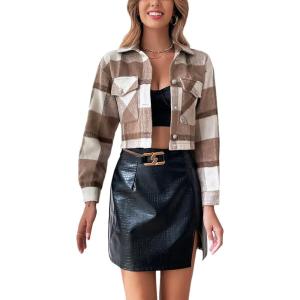 imageYeokou Womens Fashion Cropped Flannel Wool Blend Plaid Shacket Long Sleeve Button Down Jackets CoatCoffee