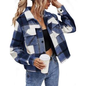 imageYeokou Womens Fashion Cropped Flannel Wool Blend Plaid Shacket Long Sleeve Button Down Jackets CoatDarkblue
