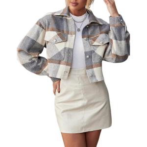 imageYeokou Womens Fashion Cropped Flannel Wool Blend Plaid Shacket Long Sleeve Button Down Jackets CoatGrey