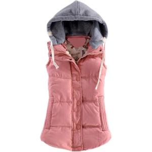 imageYeokou Womens Slim Sleeveless Quilted Removable Hooded Winter Puffer Vest CoatPink