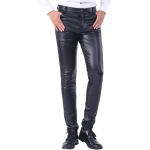 imageYeokou Mens Business Casual High Waist Straight Leg PU Faux Leather Biker PantsBlackskinny Leg