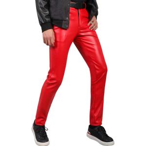imageYeokou Mens Business Casual High Waist Straight Leg PU Faux Leather Biker PantsRedskinny Leg