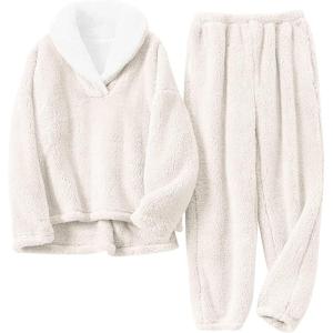 imageYeokou Womens Fleece Pajamas Sets Fluffy Sleepwear Warm Sherpa Pullover Pants with PocketsBeige