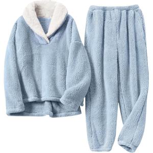 imageYeokou Womens Fleece Pajamas Sets Fluffy Sleepwear Warm Sherpa Pullover Pants with PocketsBlue