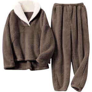 imageYeokou Womens Fleece Pajamas Sets Fluffy Sleepwear Warm Sherpa Pullover Pants with PocketsBrown